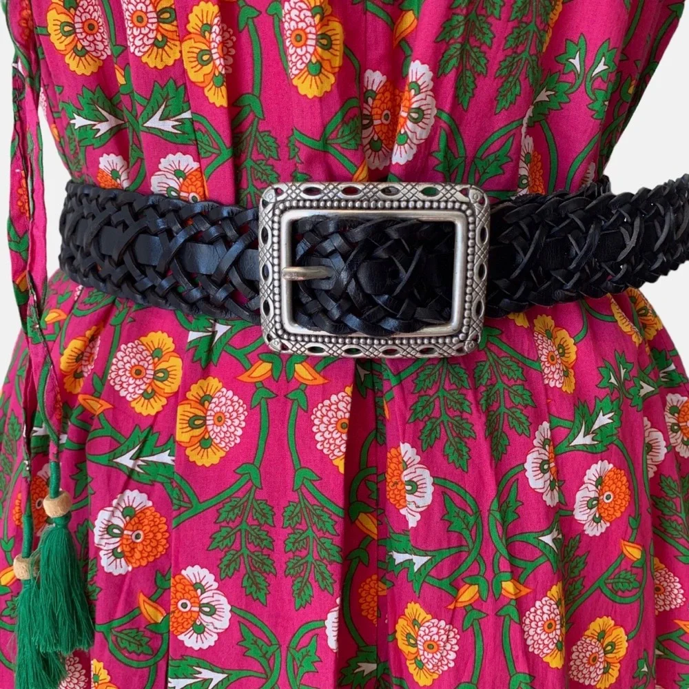 VINTAGE BLACK LEATHER BRAIDED BELT WITH SILVER RECTANGULAR BUCKLE SIZE LARGE